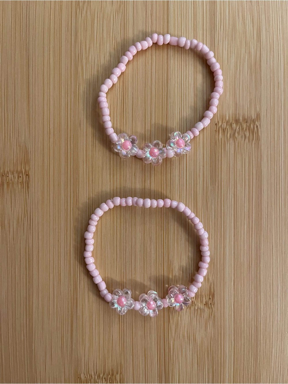 Pink Beaded Three Flower Charm Bracelets - Set of 2